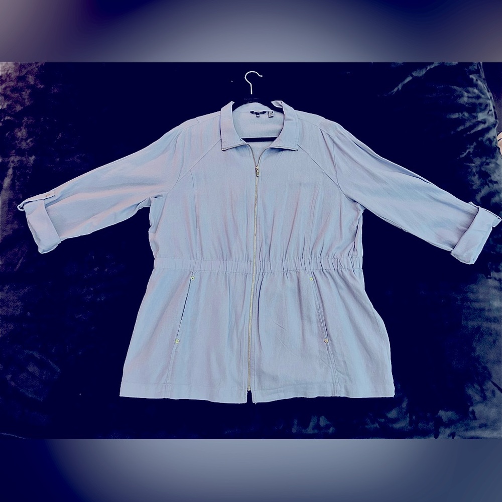 Ellen Tracy Light Blue Linen Jacket•Women’s XL•Gold Accents• Gathered Waist